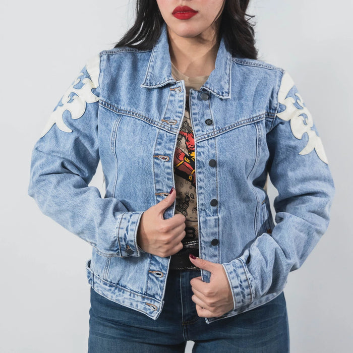 Chamarra Rock&Roll Mezclilla Flecos Blanco 015