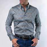 Camisa Platini Modern Fit Estampada Celeste/Café
