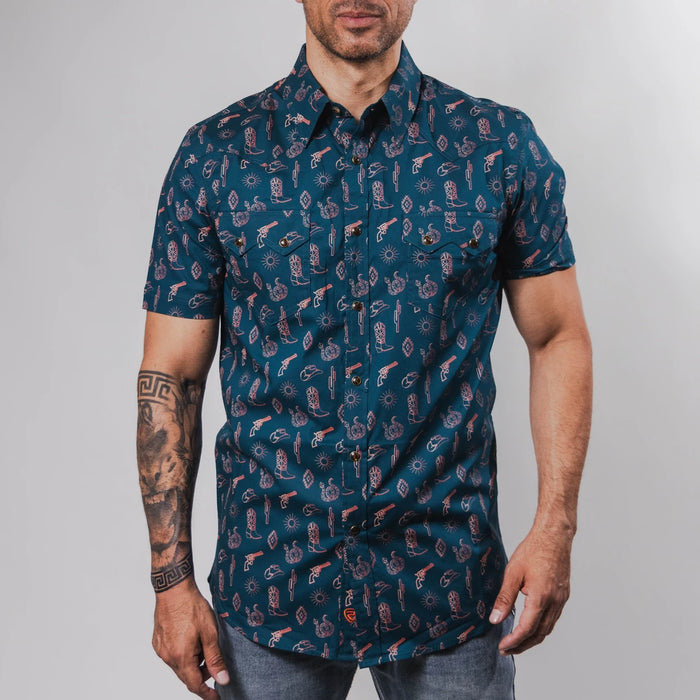 Camisa Rock&Roll Manga Corta Estampada Western Azul 055