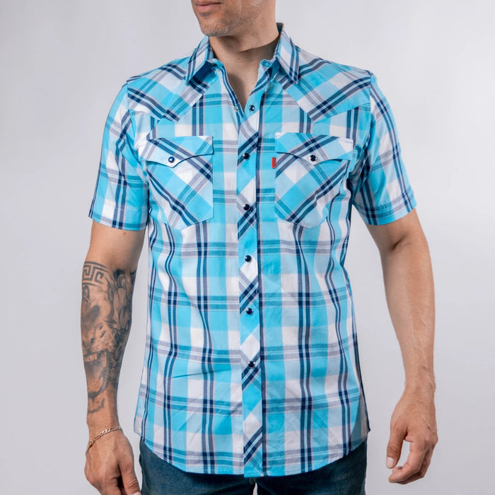 Camisa Bochi Manga Corta Cuadros Blanco/Celeste 014
