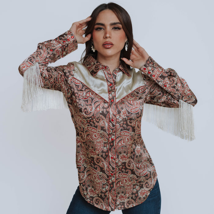 Blusa Scully Estampada Satín Flecos Beige 002