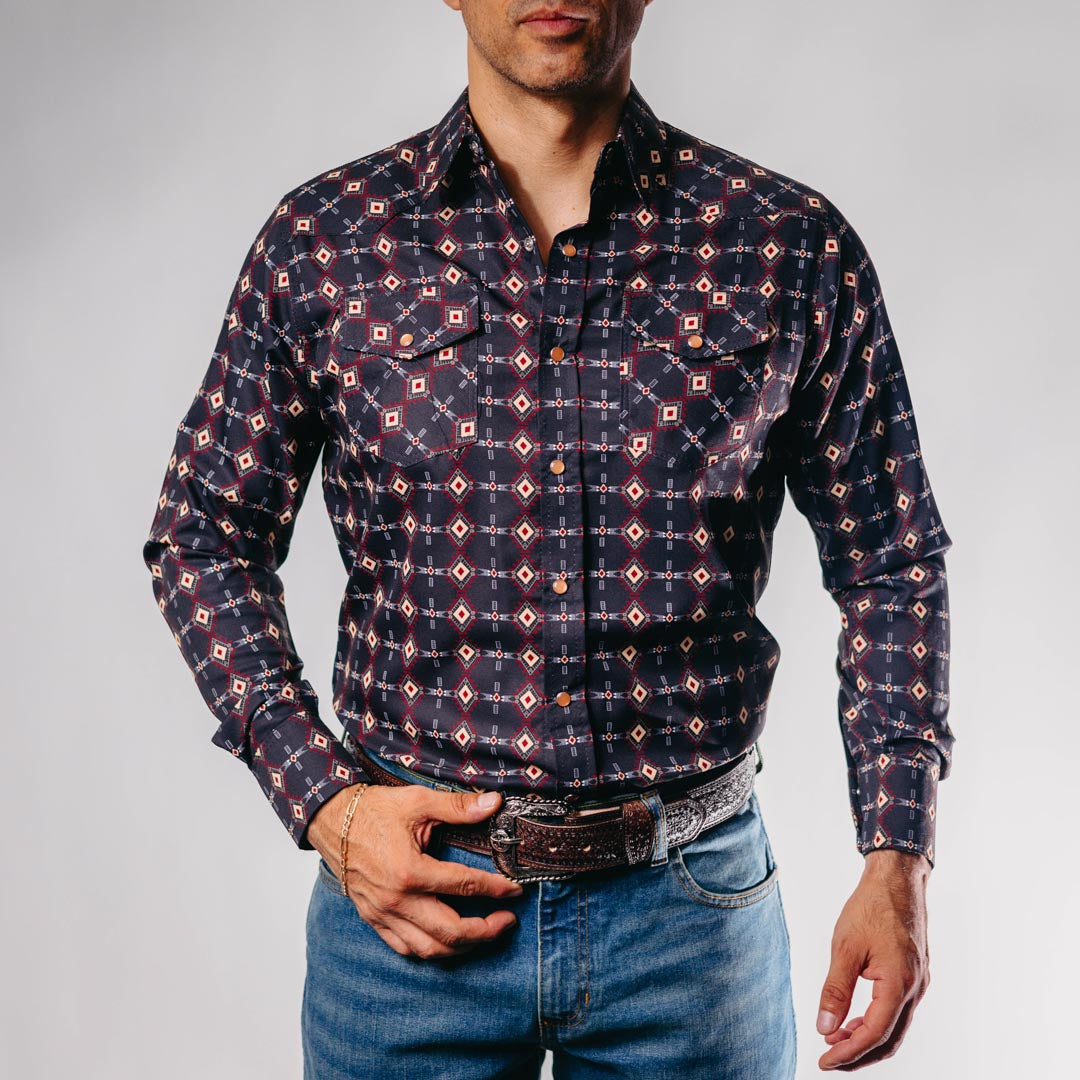 Camisa American West Est Negro Rombos 018