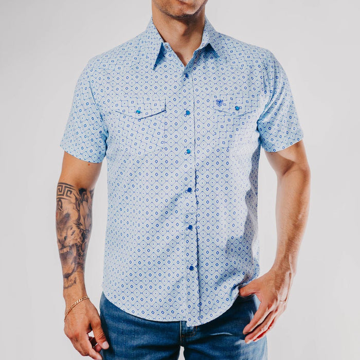 Camisa American West Manga Corta Estampada Aztec Celeste 029