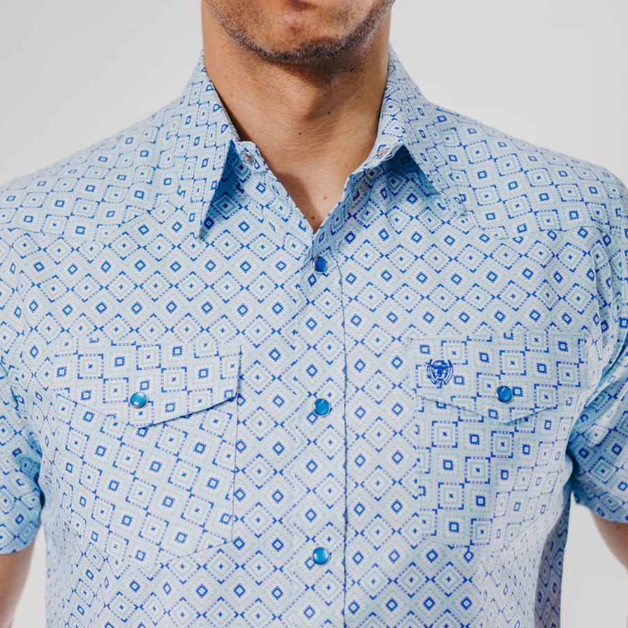 Camisa American West Manga Corta Estampada Aztec Celeste 029