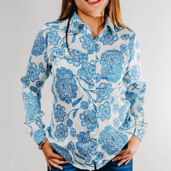 Blusa Montero Western Estampada Blanca/Azul 045