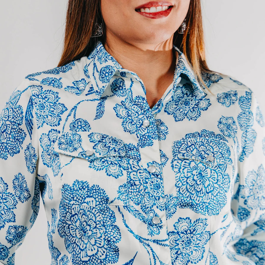 Blusa Montero Western Estampada Blanca/Azul 045