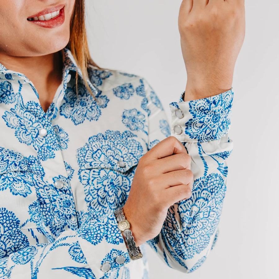 Blusa Montero Western Estampada Blanca/Azul 045