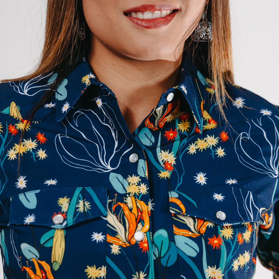 Blusa Montero Western Estampada Azul Flores 048