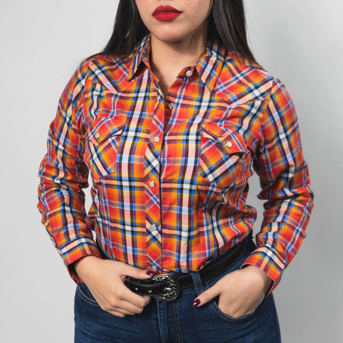 Blusa McAllen Manga Corta Cuadros Naranja/Azul 005