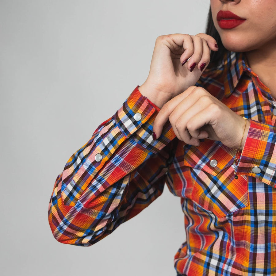Blusa McAllen Manga Corta Cuadros Naranja/Azul 005