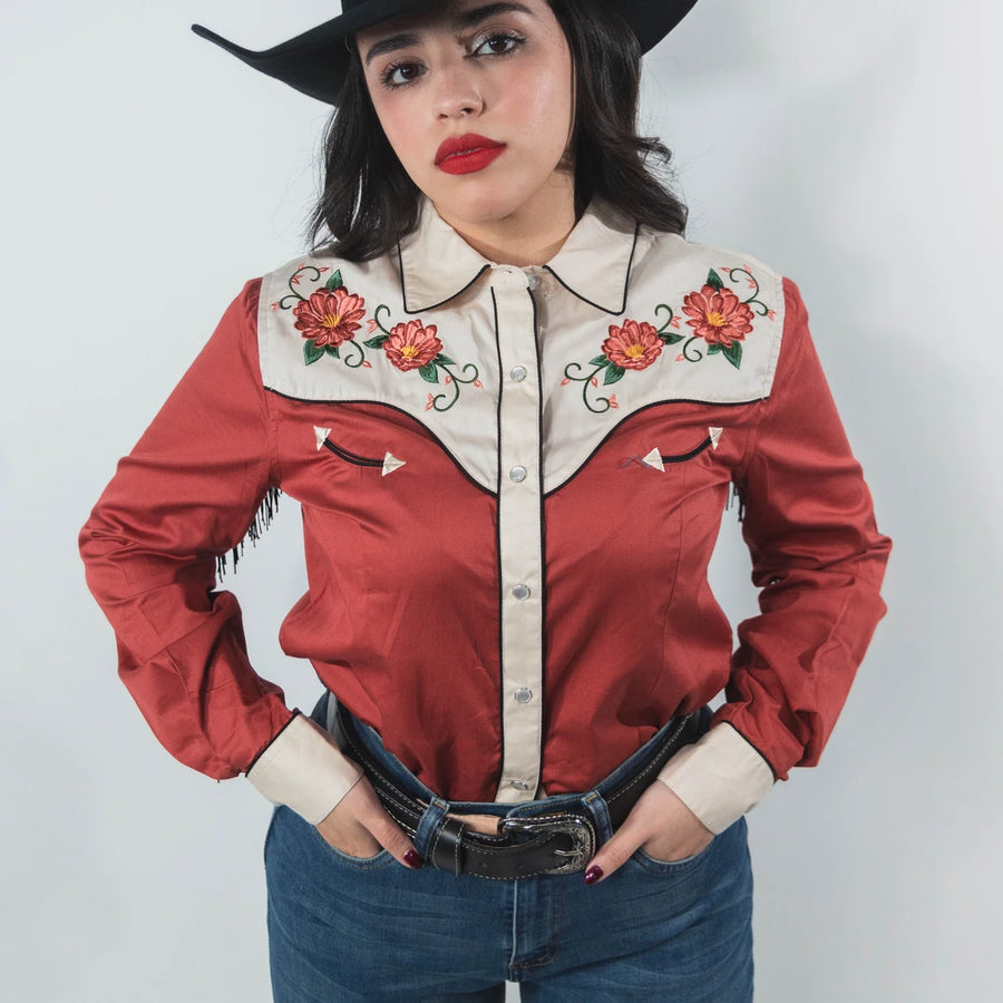 Blusa Panhandle Bordada Flecos Roja/Beige 012