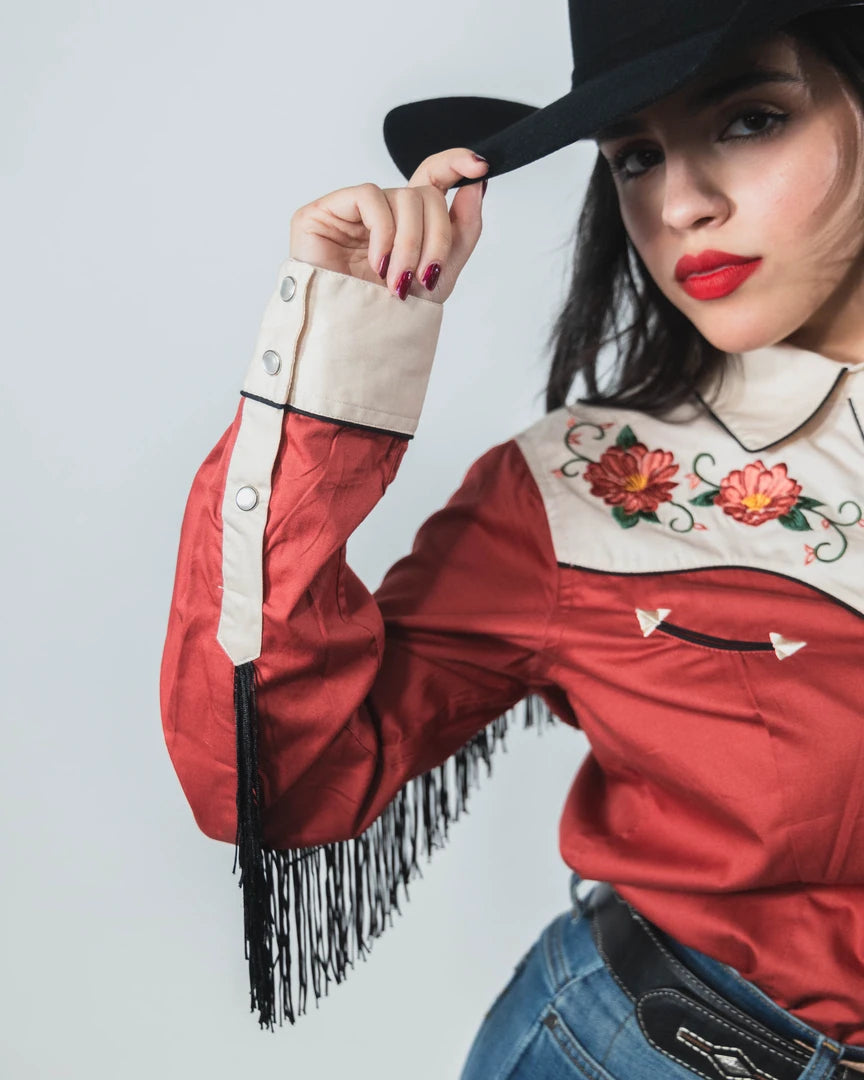 Blusa Panhandle Bordada Flecos Roja/Beige 012