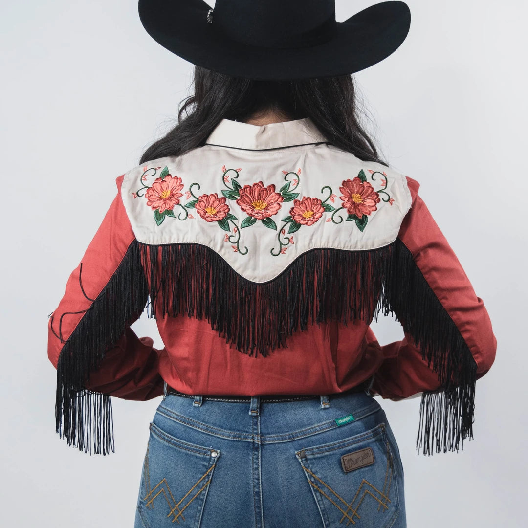 Blusa Panhandle Bordada Flecos Roja/Beige 012