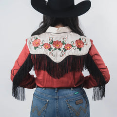 Blusa Panhandle Bordada Flecos Roja/Beige 012