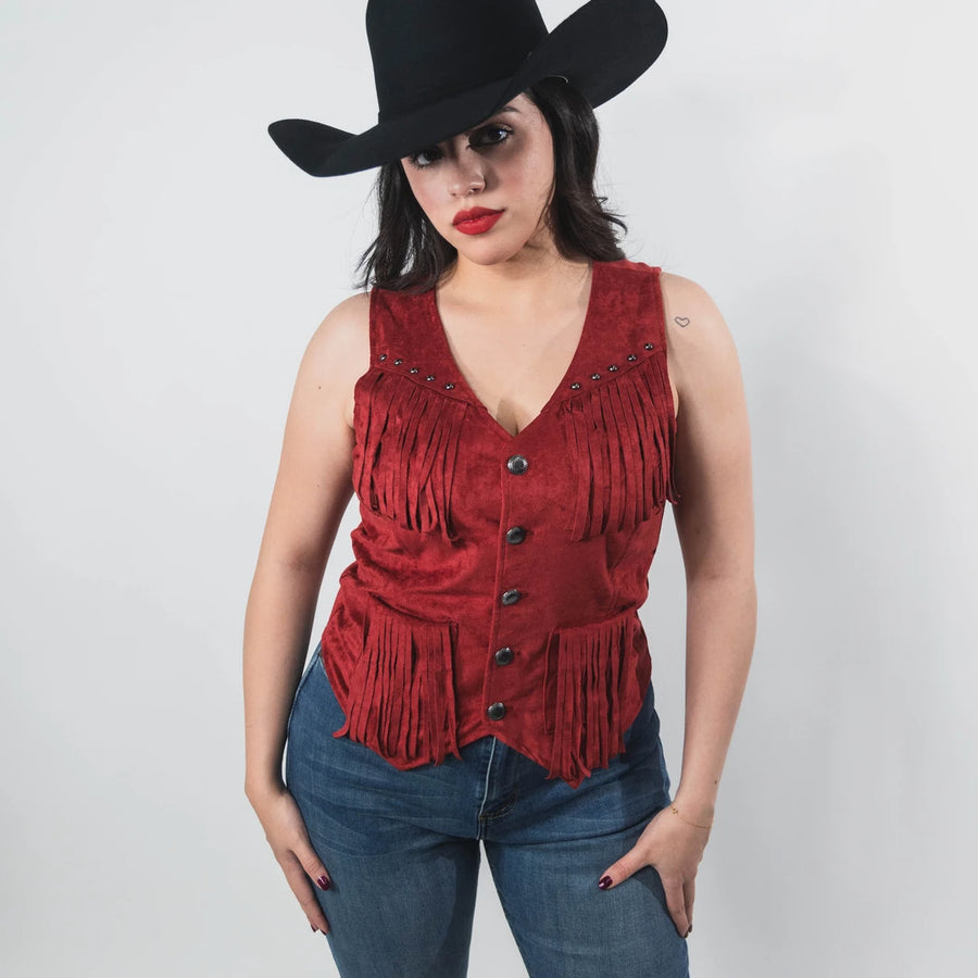 Chaleco Rock&Roll Gamucina Rojo Flecos 017