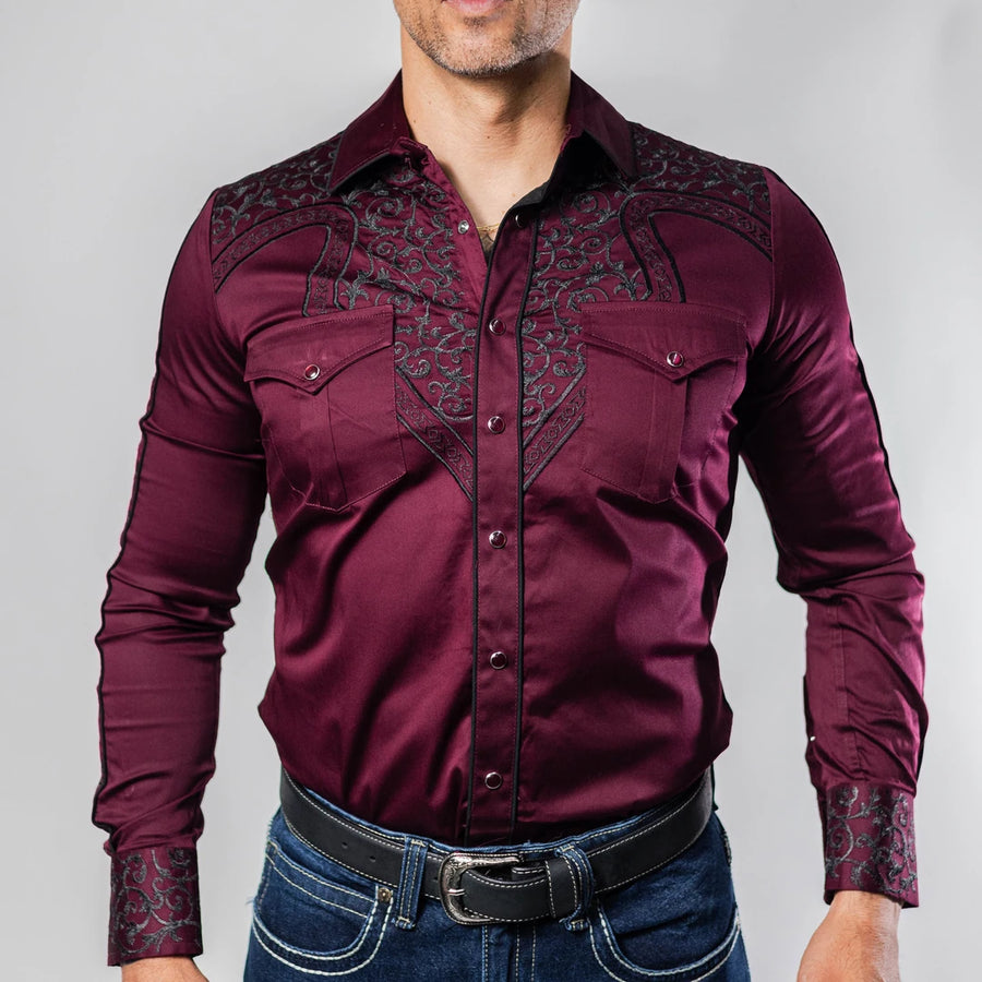 Camisa Platini Bordado Vino/Negro 079