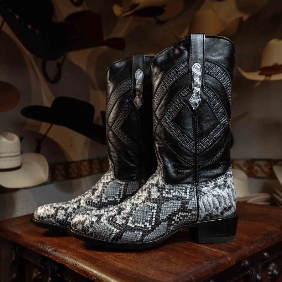 Bota Tejano Clark Pitón Print Blanco/Negro 074