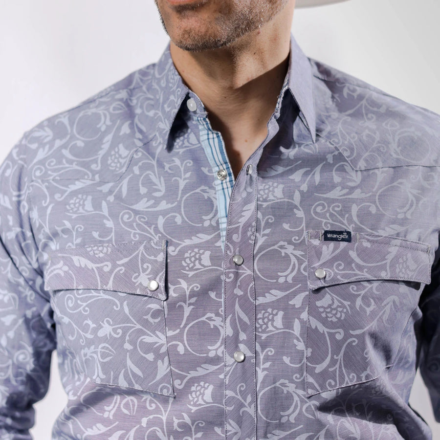 Camisa Wrangler Retro Estampada Hojas Gris 235