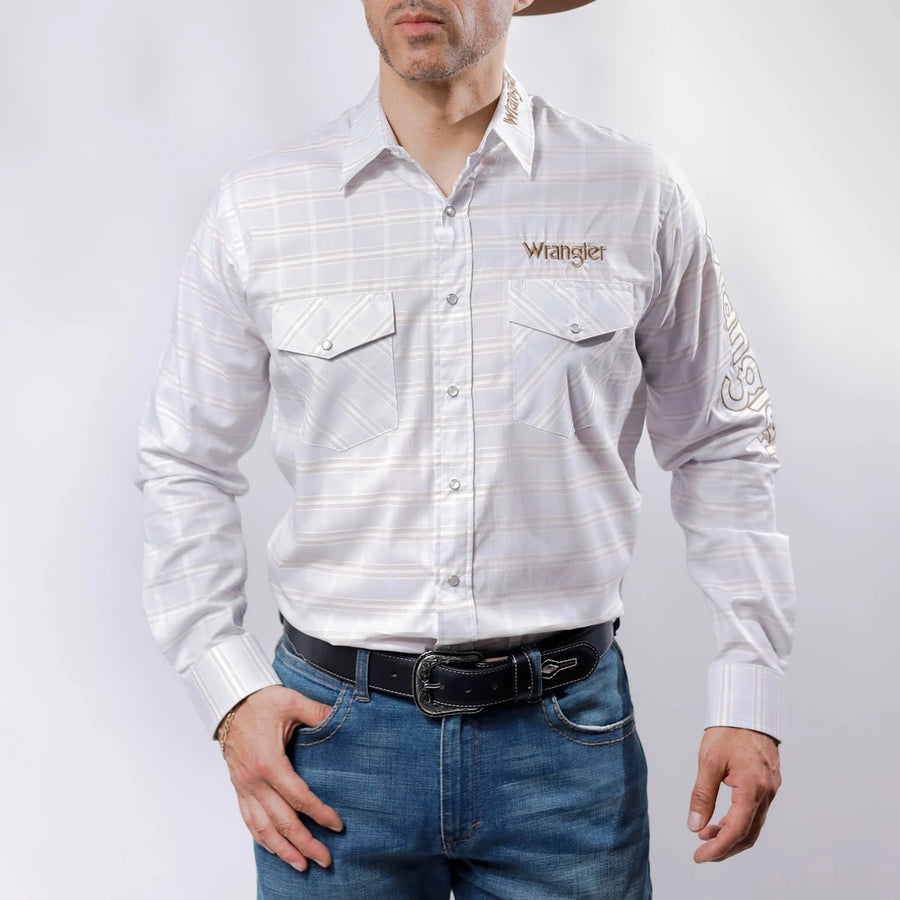 Camisa Wrangler Logo Blanco Rayas Café 238