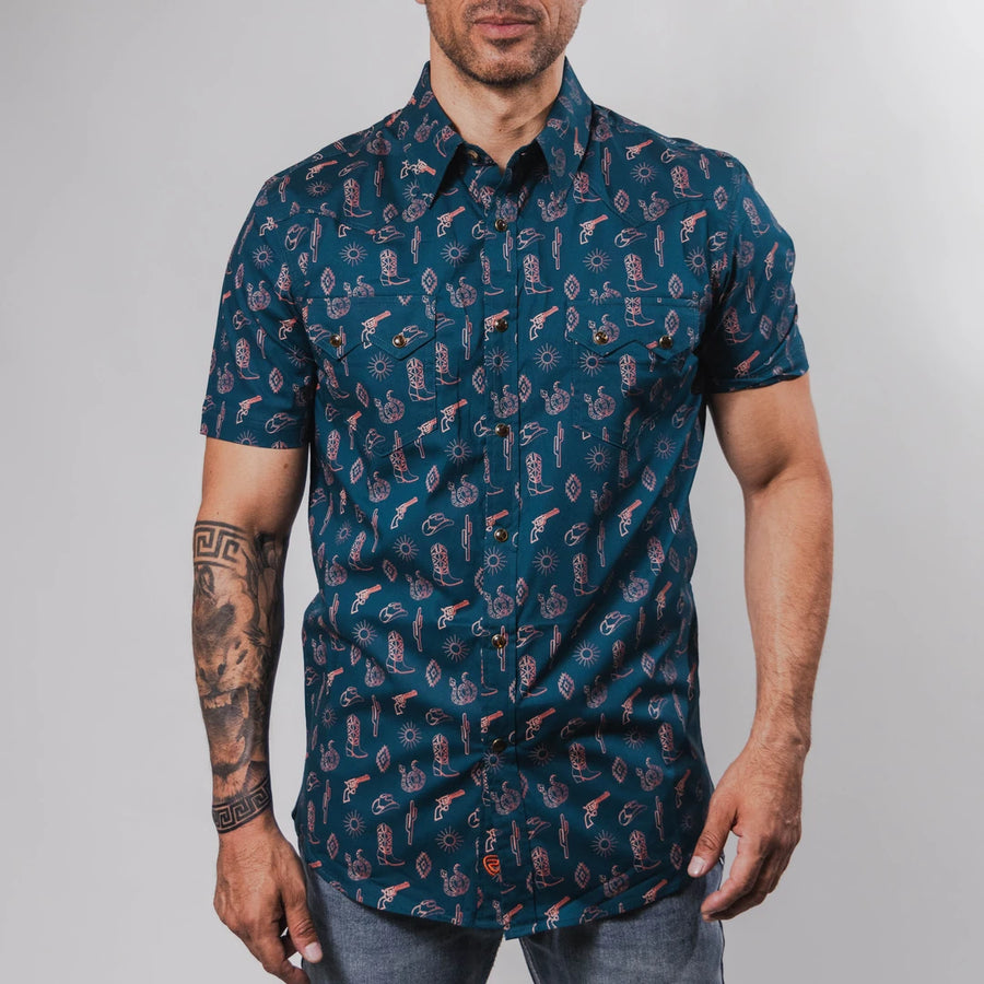 Camisa Rock&Roll Manga Corta Estampada Western Azul 055