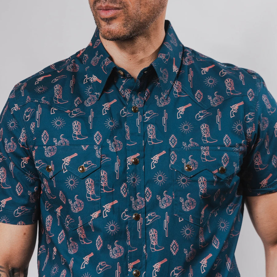 Camisa Rock&Roll Manga Corta Estampada Western Azul 055