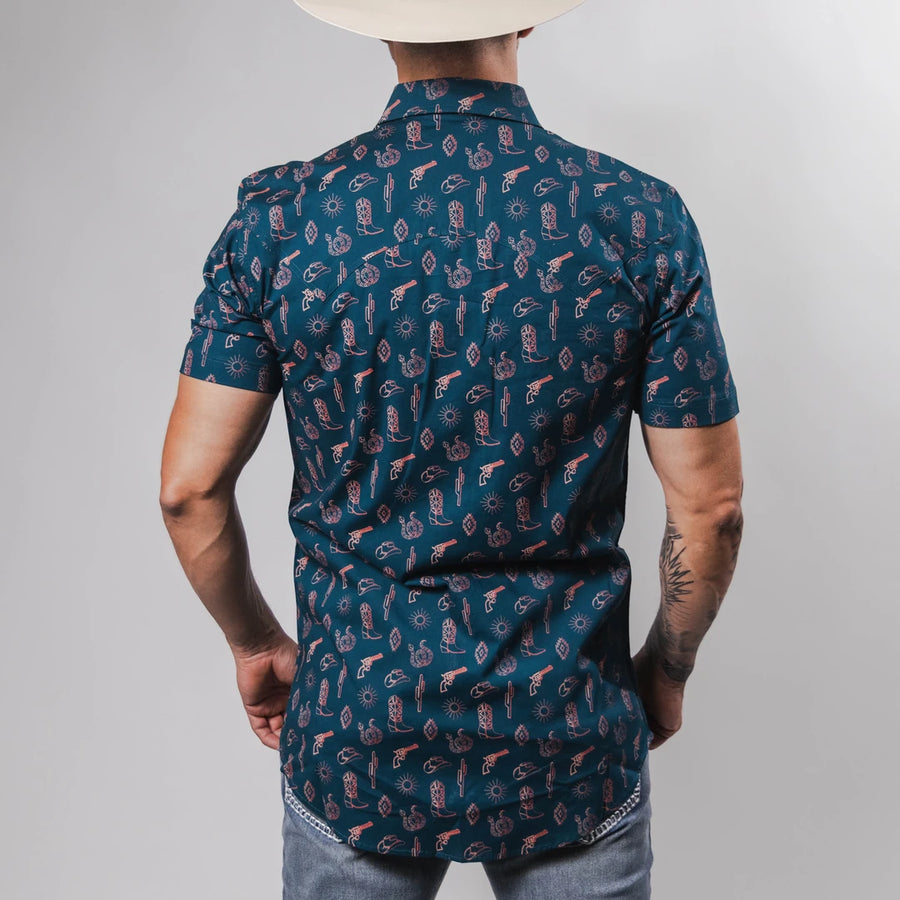 Camisa Rock&Roll Manga Corta Estampada Western Azul 055