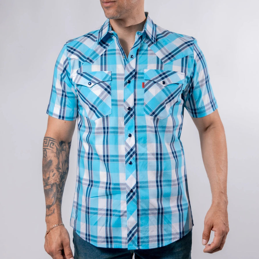 Camisa Bochi Manga Corta Cuadros Blanco/Celeste 014