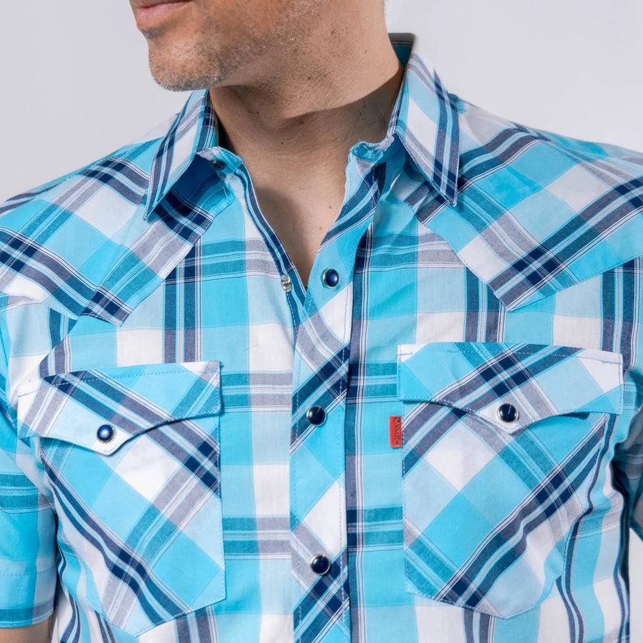 Camisa Bochi Manga Corta Cuadros Blanco/Celeste 014