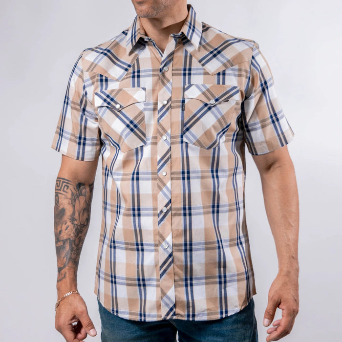 Camisa Bochi Manga Corta Cuadros Blanco/Khaki 015