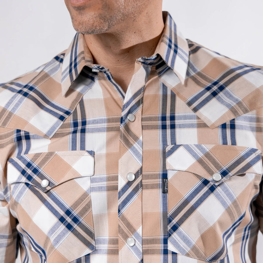 Camisa Bochi Manga Corta Cuadros Blanco/Khaki 015
