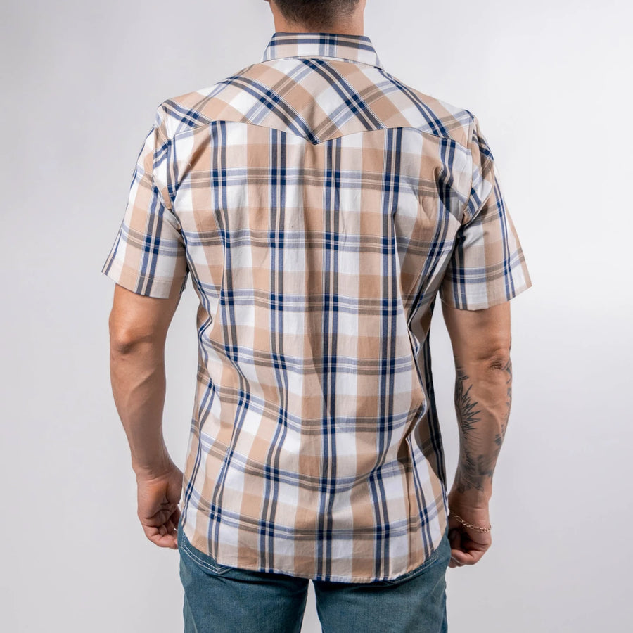 Camisa Bochi Manga Corta Cuadros Blanco/Khaki 015