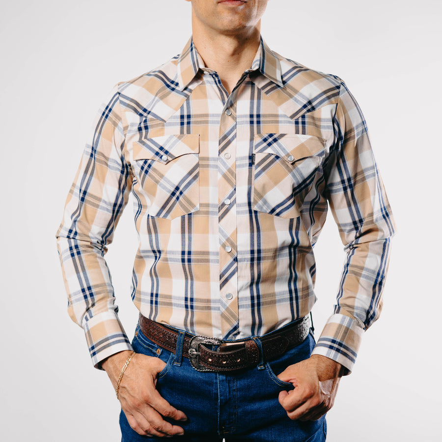 Camisa Bochi Cuadros Beige/Azul 009