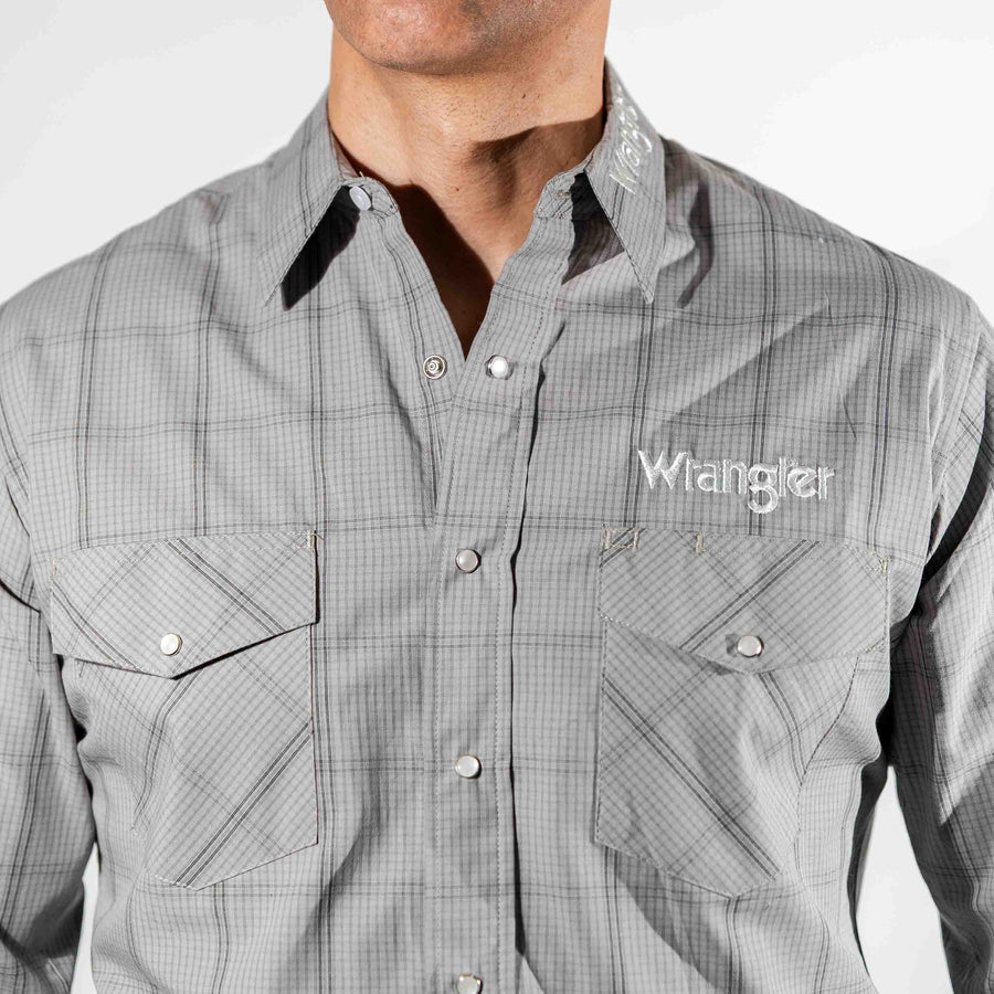 Camisa Wrangler Cuadros Bordado Color Gris