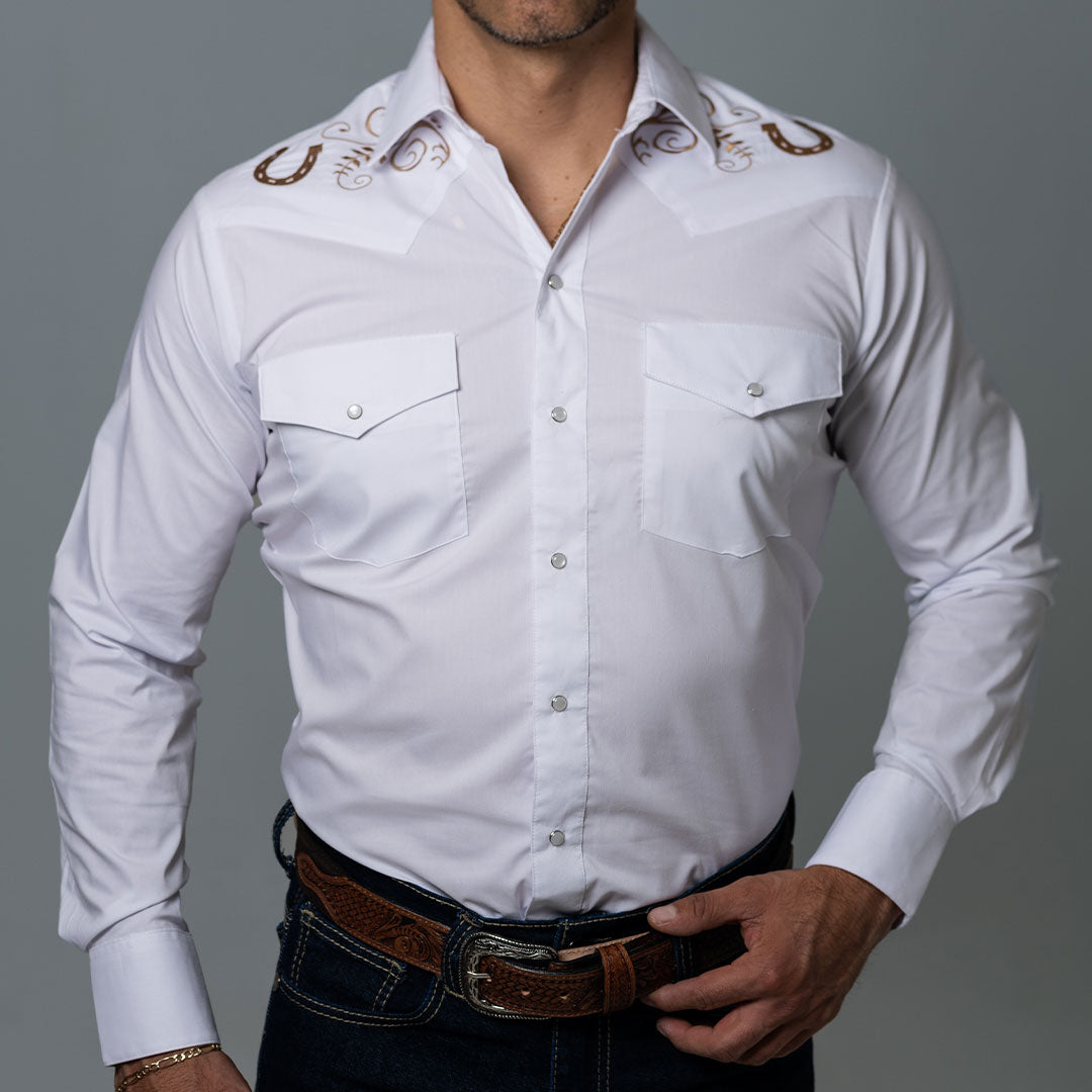 Camisa Vaquera Hannover Bordada Herradura Blanca Stretch HAN1015