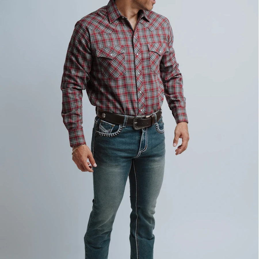 Camisa Hannover Cuadros Franela Gris Rojo 359