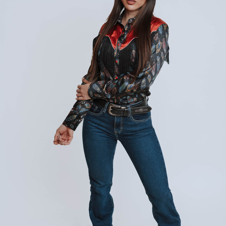 Blusa Scully Estampada Satín Flecos Negra 003