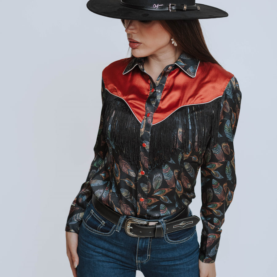 Blusa Scully Estampada Satín Flecos Negra 003