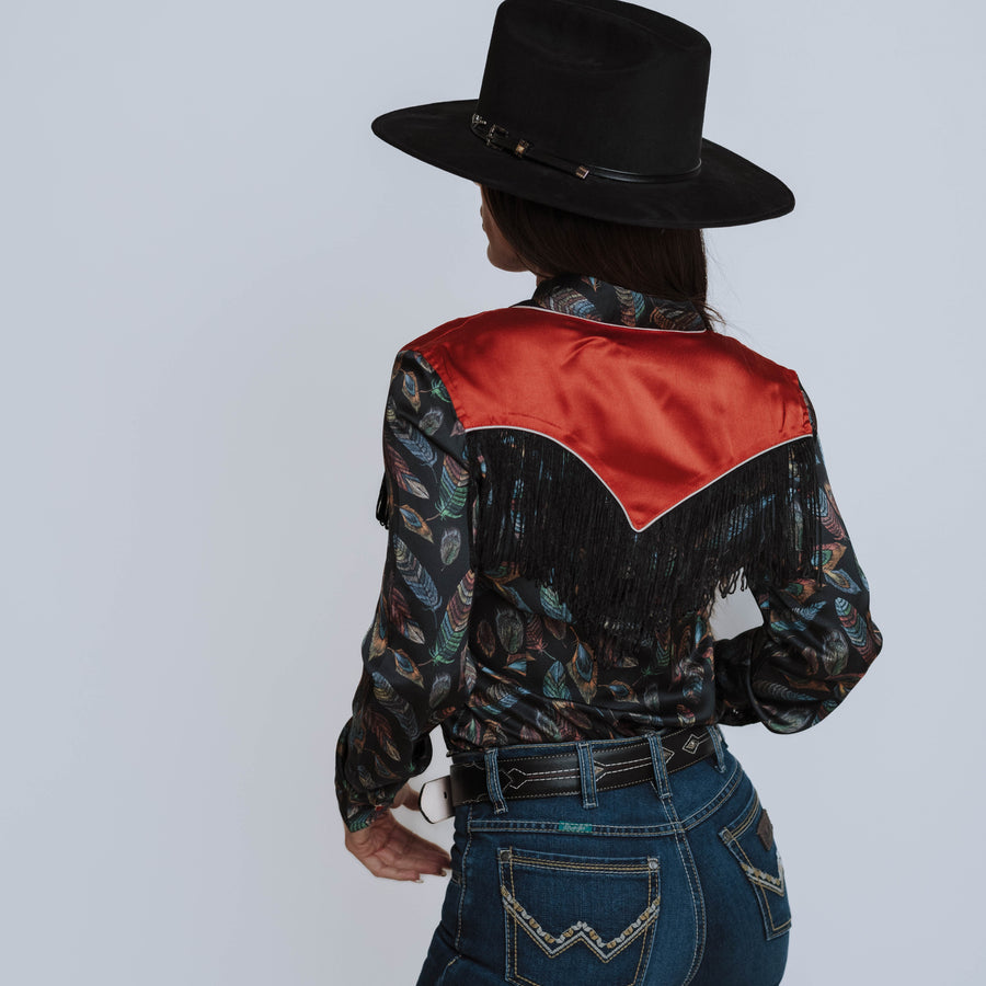 Blusa Scully Estampada Satín Flecos Negra 003