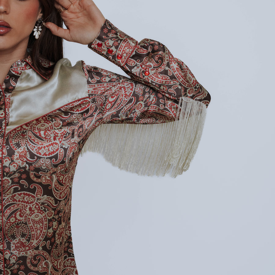 Blusa Scully Estampada Satín Flecos Beige 002