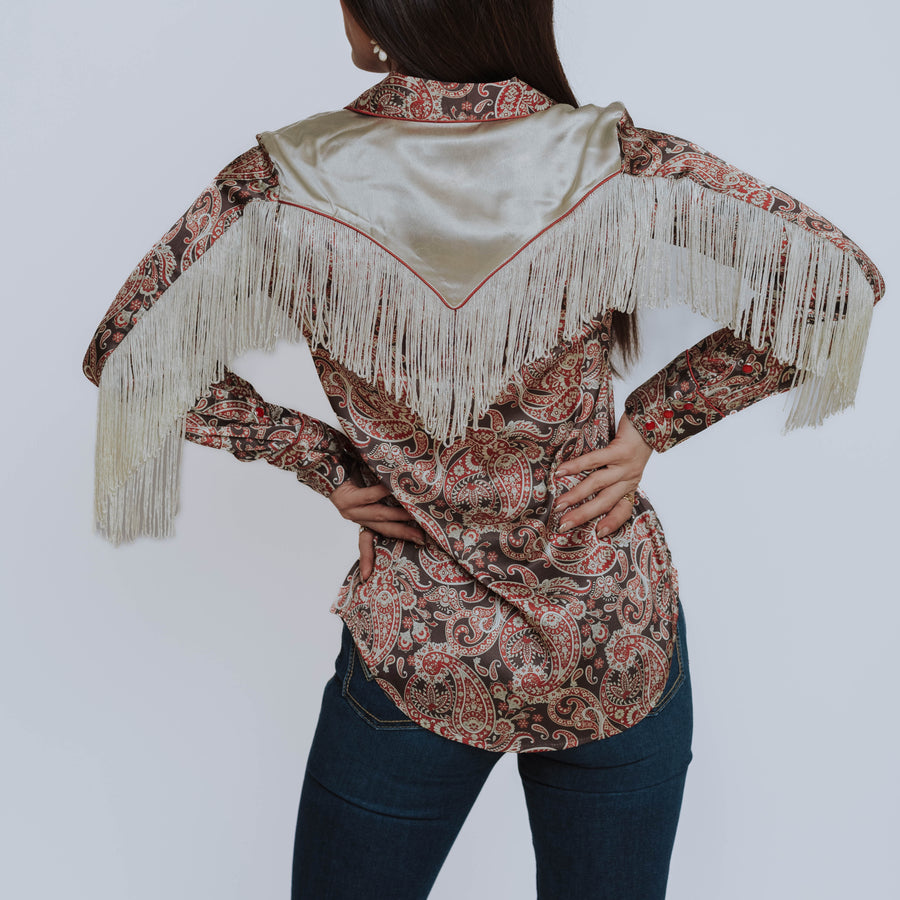 Blusa Scully Estampada Satín Flecos Beige 002