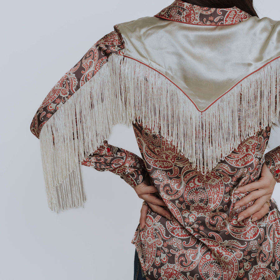 Blusa Scully Estampada Satín Flecos Beige 002