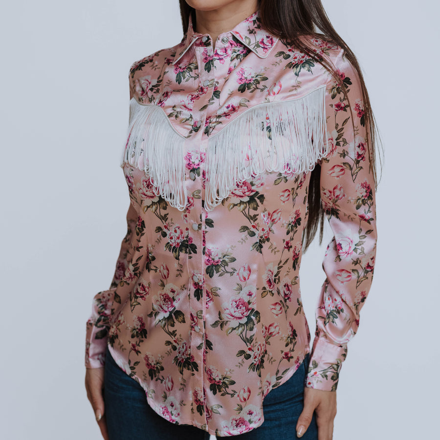 Blusa Scully Estampada Satín Flecos Rosa 001