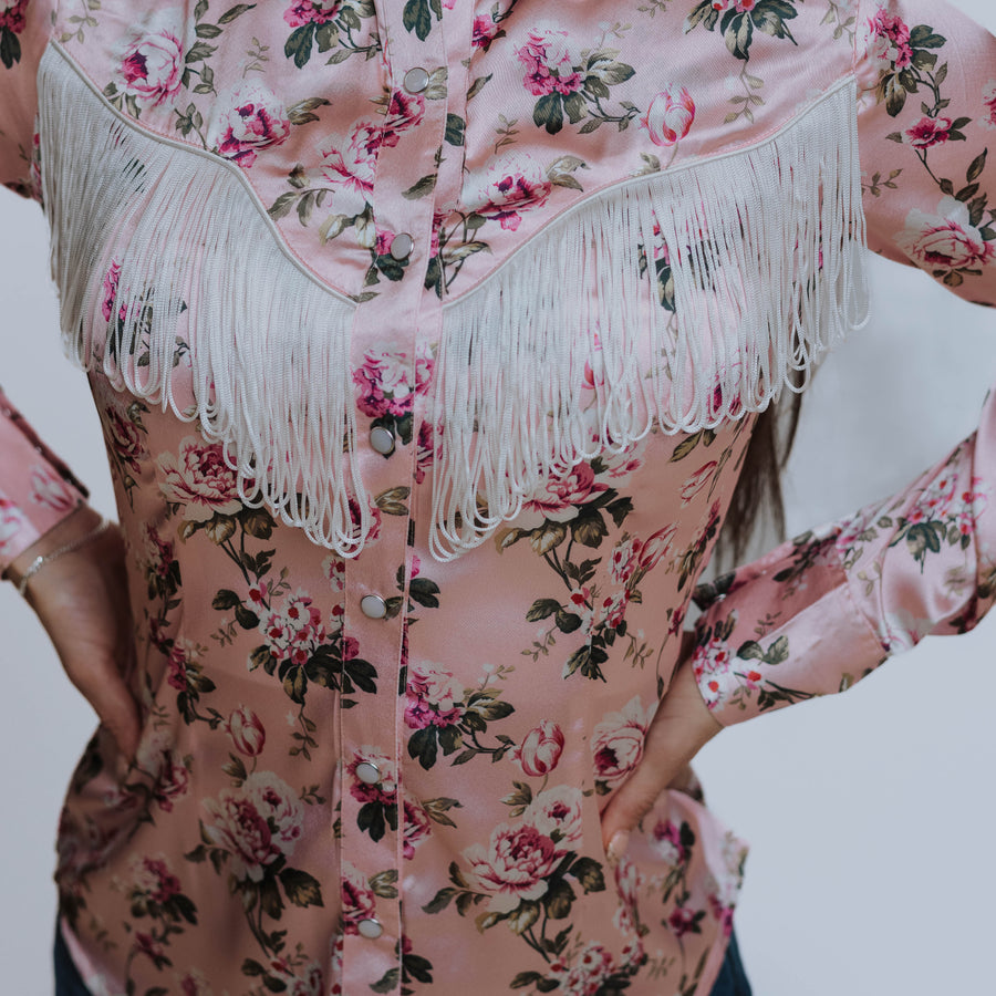 Blusa Scully Estampada Satín Flecos Rosa 001