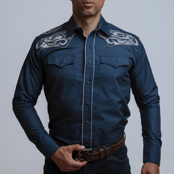 Camisa Wild Bull Bordada Grande Navy Plata 076