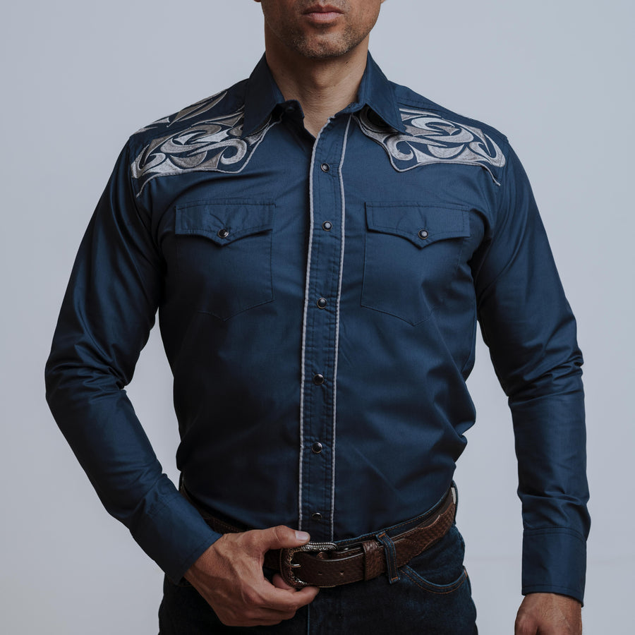 Camisa Wild Bull Bordada Grande Navy Plata 076
