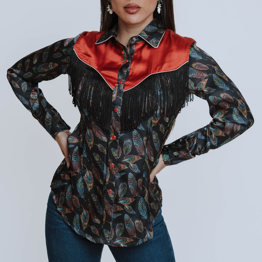 Blusa Scully Estampada Satín Flecos Negra 003