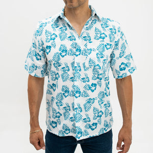 Camisa Casual Khaki Blues Estampada Hojas Blanca 003