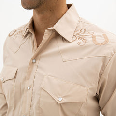 Camisa Vaquera Hannover Bordada Herradura Beige Stretch HAN1026 - Very Vaquero