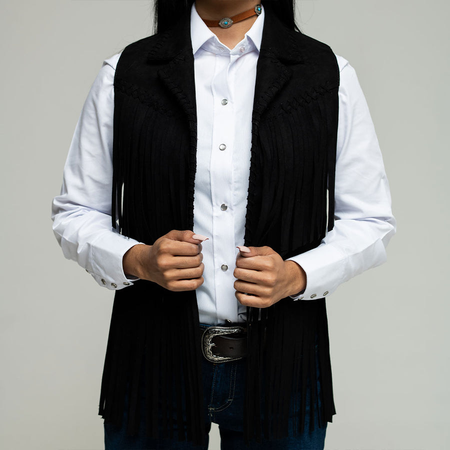 Chaleco Very Vaquero Tejido Flecos Negro 006